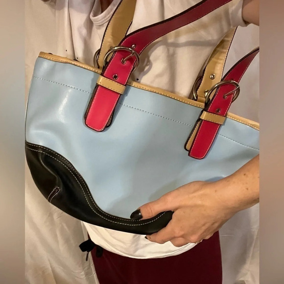 Color block pre owned faux leather shoulder bag blue red black - Picture 3 of 8